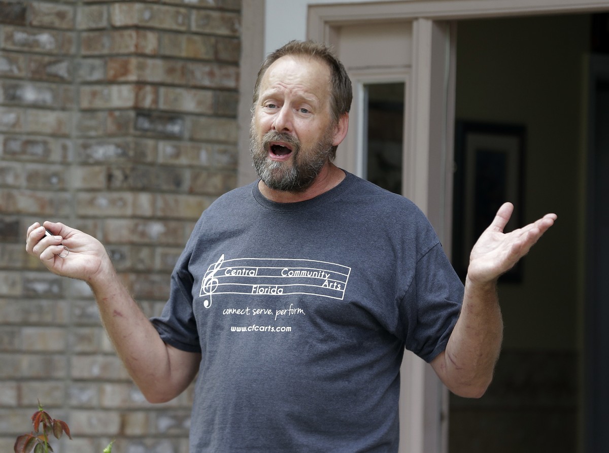 Eric Paddock brother of Las Vegas gunman Stephen Paddock, speaks to members of the media outside his home, Monday, Oct. 2, 2017, in Orlando, Fla. Paddock told the Orlando Sentinel: "We are comple ...