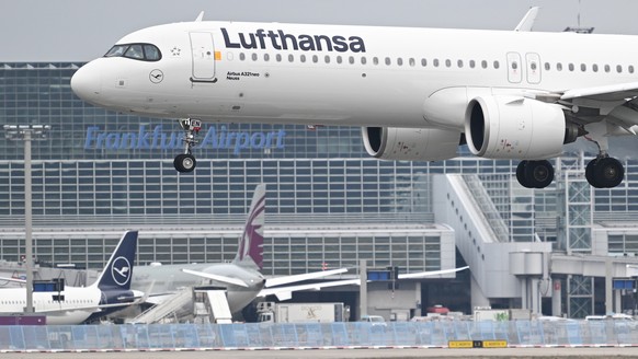 14.02.2024, Hessen, Frankfurt/Main: Ein Airbus A321 neo der Lufthansa landet am Frankfurter Flughafen. Der Flughafenbetreiber Fraport AG feiert in diesem Jahr sein 100-j