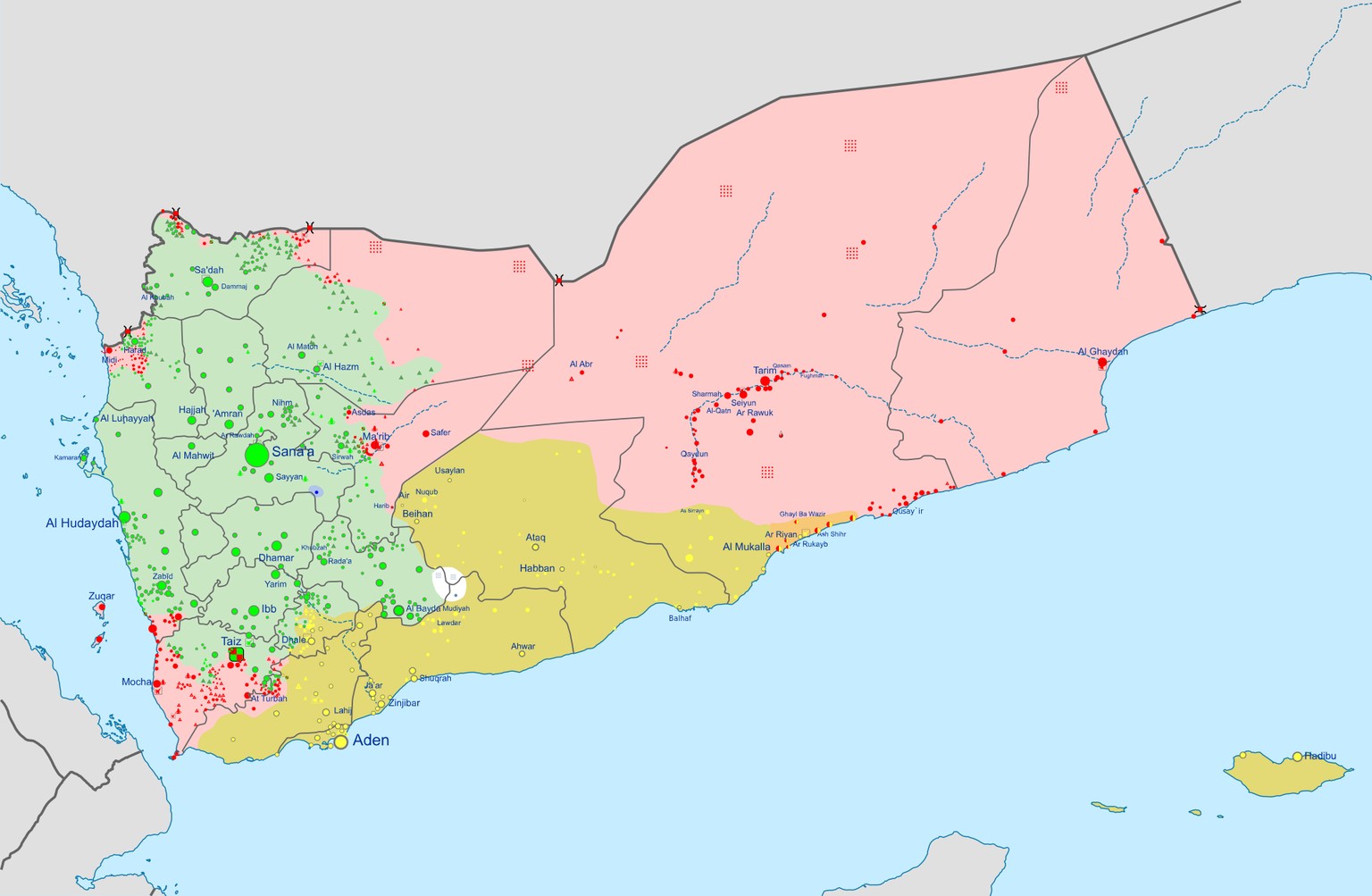 Current (October 2022) political and military control in the ongoing Yemeni Civil War (2014–present) Controlled by the Government of Yemen (since April 20 under the Presidential Leadership Council…