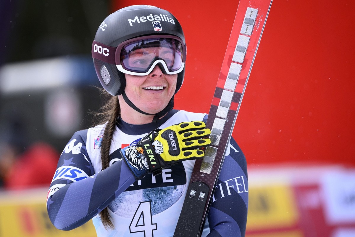 Breezy Johnson of the United States reacts in the finish area during the women's Downhill race at the FIS Alpine Ski World Cup in Crans-Montana, Switzerland, Sunday, February 26, 2023. (KEYSTONE/ ...