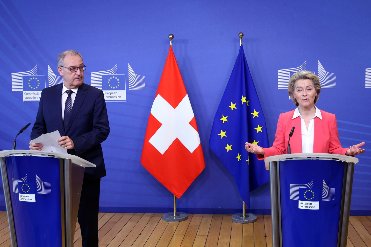 epa09154267 European Commission President Ursula Von der Leyen (R) and Swiss President Guy Parmelin hold a press conference during their meeting at the European Commission building in Brussels, Belgiu ...