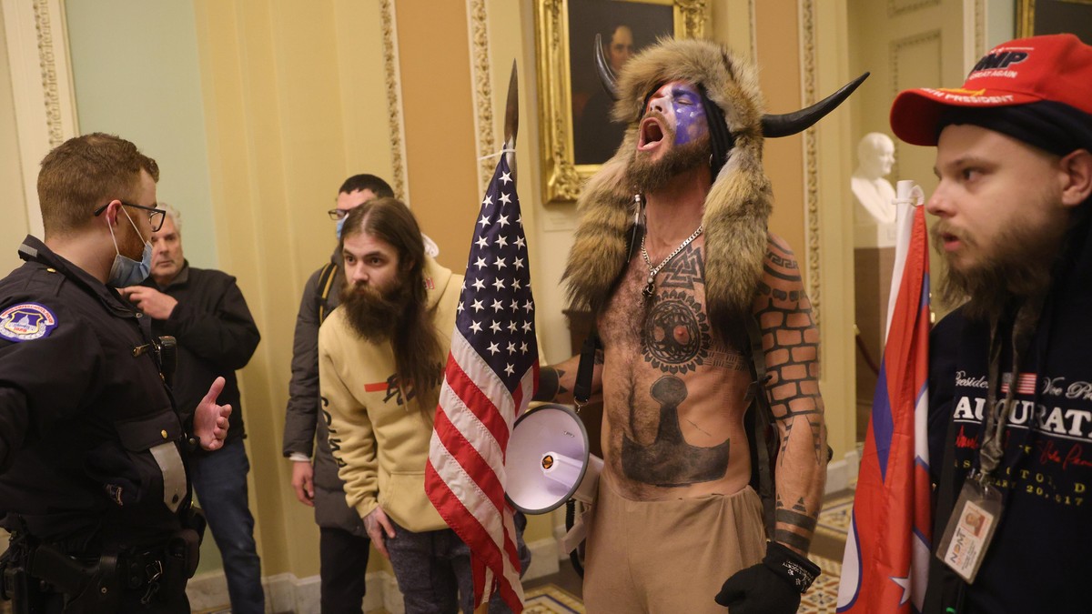 WASHINGTON, DC - JANUARY 06: Protesters interact with Capitol Police inside the U.S. Capitol Building on January 06, 2021 in Washington, DC. Congress held a joint session today to ratify President-ele ...