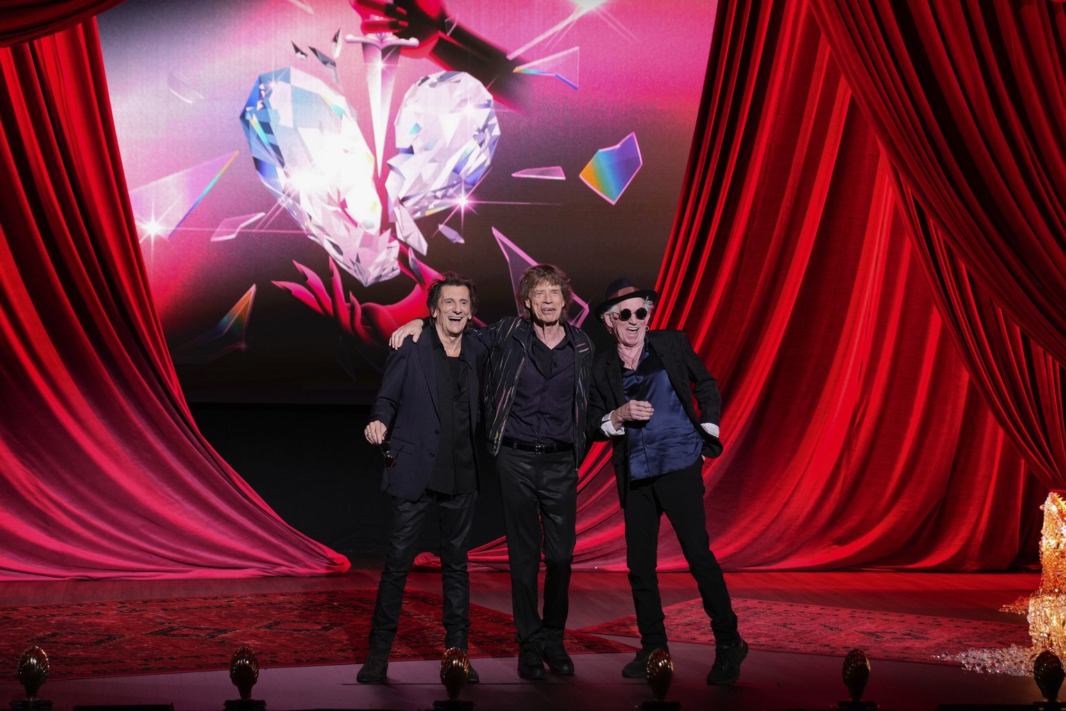 Ronnie Wood, from left, Mick Jagger, and Keith Richards pose for photographers at the press conference for the launch of the new Rolling Stones album &#039;Hackney Diamonds&#039; on Wednesday, Sept. 6 ...