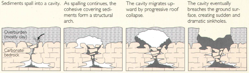 Ein Erdloch (SInkhole) entsteht.

By Tihansky, A.B. - Tihansky, A.B., 1999, Sinkholes, West-Central Florida: U.S. Geological Survey Circular 1182, 121–140 p., accessed March 5, 2015, at https://pubs.e ...