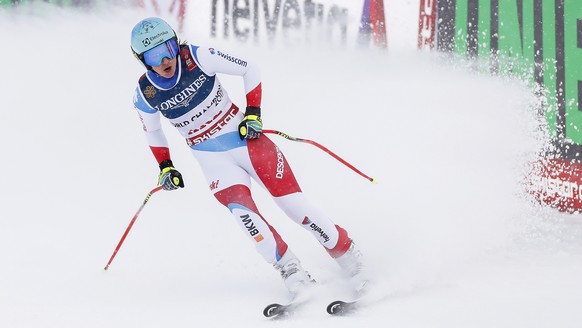 epa07352433 Wendy Holdener of Switzerland reacts in the finish area during the Downhill run of the women&#039;s Alpine Combined race at the FIS Alpine Skiing World Championships in Are, Sweden, 08 Feb ...