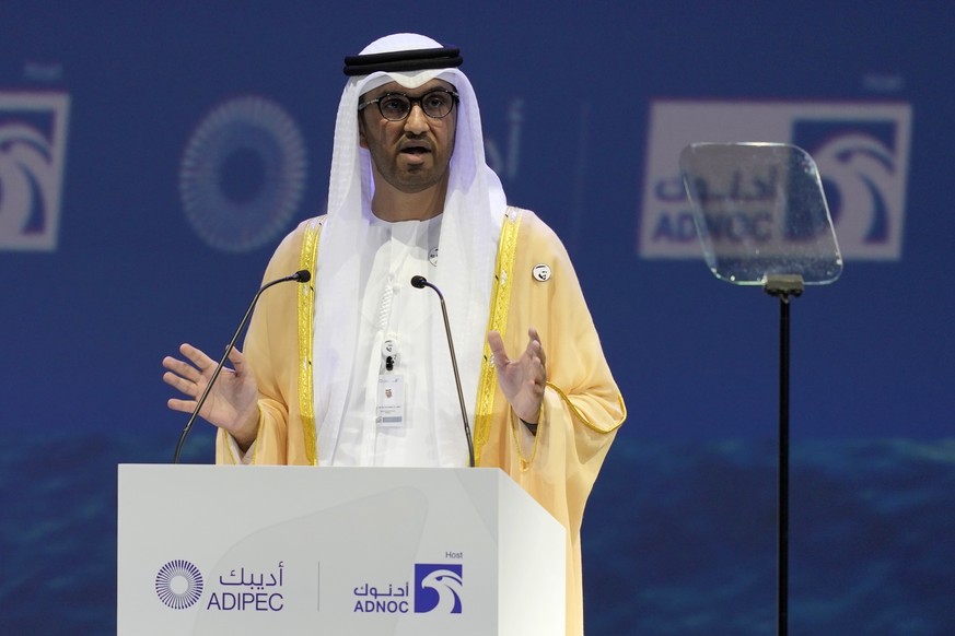 FILE - The Emirati Minister of State and the CEO of Abu Dhabi&#039;s state-run Abu Dhabi National Oil Co. Sultan Ahmed al-Jaber talks at the Abu Dhabi International Petroleum Exhibition &amp; Conferen ...