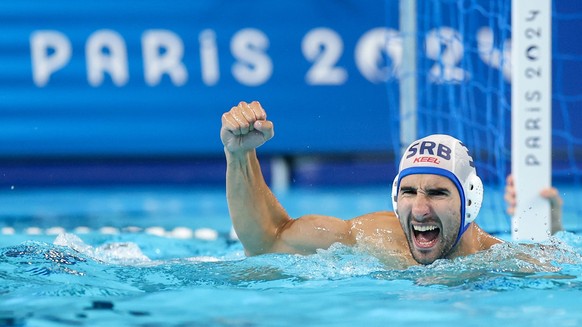 Olympic Games, Olympische Spiele, Olympia, OS Paris 2024: Water polo, Wasserball Men s final, Serbia v Croatia Strahinja Raspovic of Serbia celebrates after scoring a goal during the Gold Medal match  ...