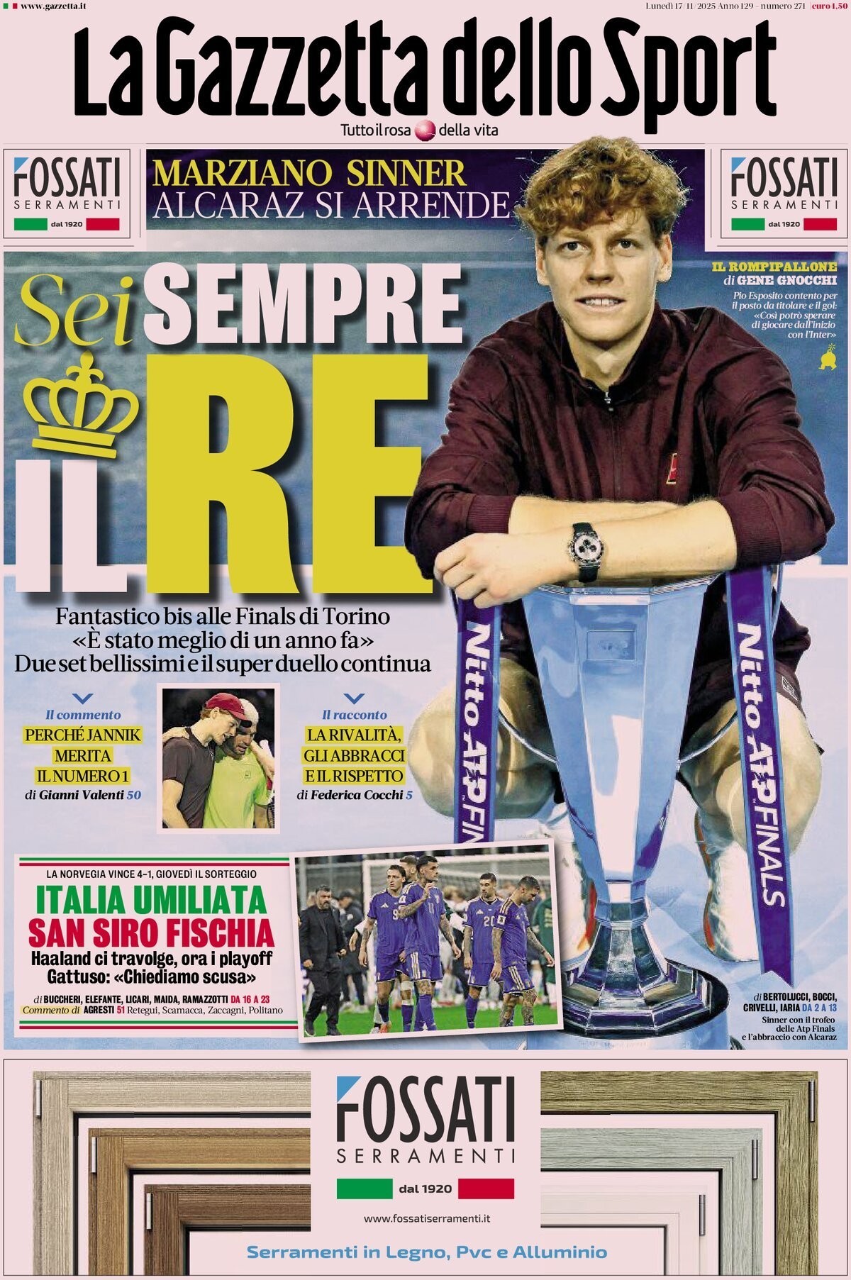 Gazzetta dello Sport nach Italiens 1:4 gegen Norwegen wird von Jannik Sinner überdeckt