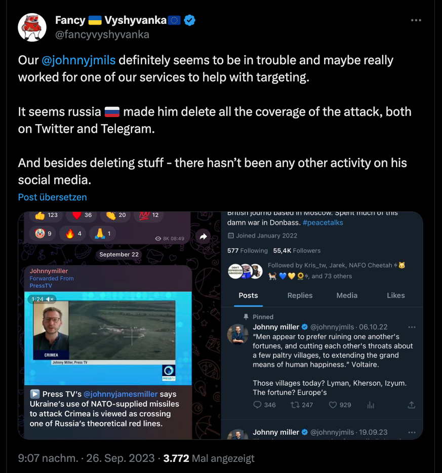 Putin propagandist Johnny Miller deleted posts on Telegram and X about the devastating Ukrainian missile attack in Sevastopol.
