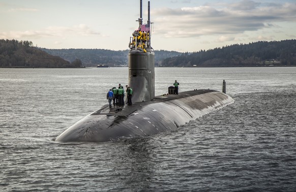 epa09512880 (FILE) - A handout photo made available by the US Navy shows the Seawolf-class fast-attack submarine USS Connecticut (SSN 22) departing Puget Sound Naval Shipyard for sea trials following  ...