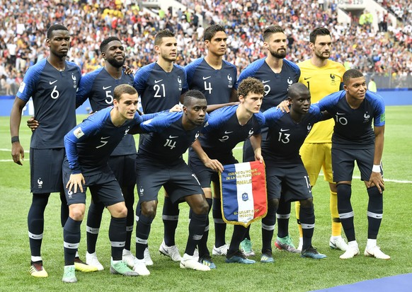The French team pose for a team group prior to the final match between France and Croatia at the 2018 soccer World Cup in the Luzhniki Stadium in Moscow, Russia, Sunday, July 15, 2018. (AP Photo/Marti ...