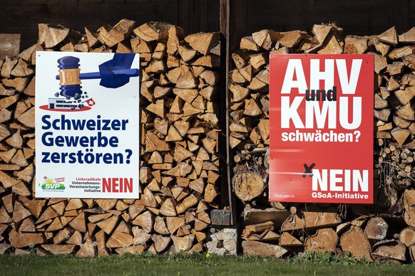 Ein Plakat gegen die Kriegsgeschaefte und Konzernverantwortungsinitiative haengen an einem Holzstapel, am Samstag, 14. November 2020, am Kreuzweg oberhalb Steffisburg. Am 29. November befindet das Sch ...