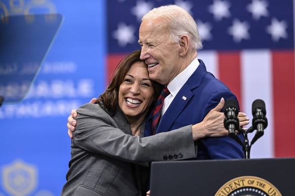 FILE - Vice President Kamala Harris embraces President Joe Biden after a speech on healthcare in Raleigh, N.C., March. 26, 2024. Harris has been the White House&#039;s first line of defense after Pres ...