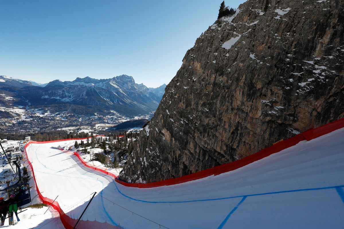 FILE - A view of the Tofane schuss venue for alpine ski competition at the Milan Cortina 2026 Winter Olympics is seen on Jan. 17, 2025, in Cortina d'Ampezzo, Italy. (AP Photo/Alessandro Trovati,  ...