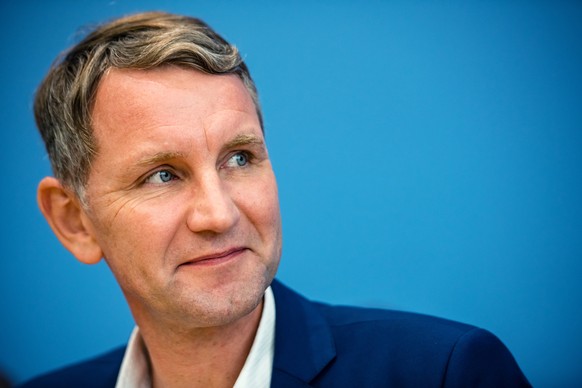 epa07956496 Thuringia chairman and top candidate of the Alternative for Germany (AfD) right-wing populist party Bjoern Hoecke during a press conference on the result of the Thuringia state elections i ...