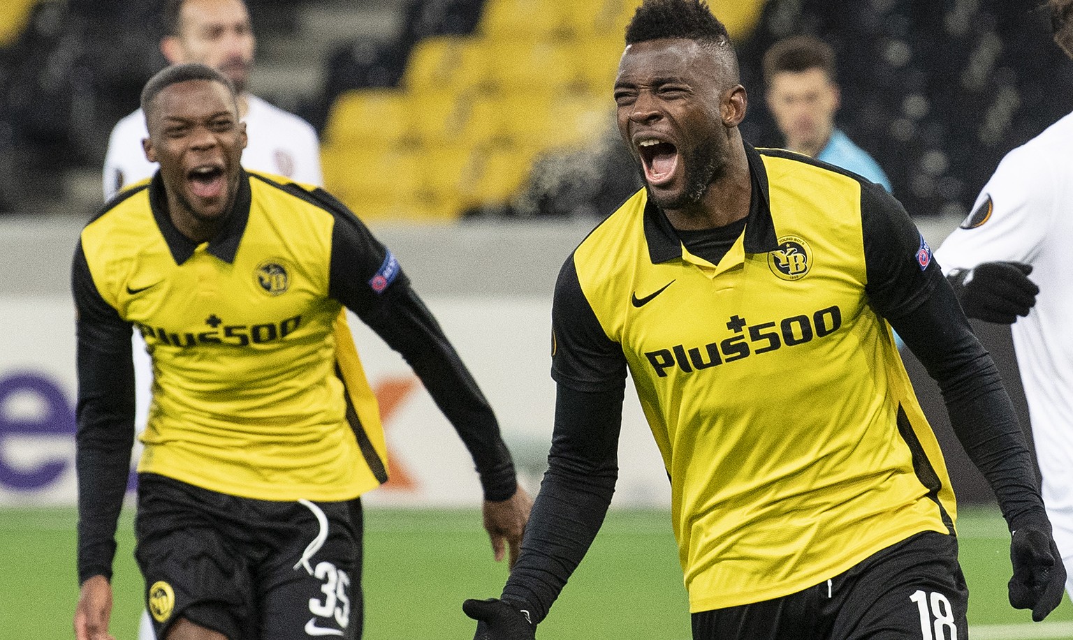 YB&#039;s Jean-Pierre Nsame, right, and YB&#039;s Christopher Martins celebrate the to 1-1 during the UEFA Europa League group stage group A matchday 6 soccer match between Switzerland&#039;s BSC Youn ...