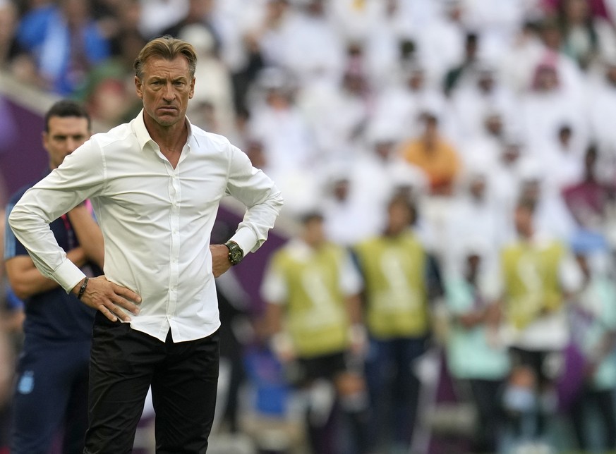 Saudi Arabia's head coach Herve Renard looks out during the World Cup group C soccer match between Argentina and Saudi Arabia at the Lusail Stadium in Lusail, Qatar, Tuesday, Nov. 22, 2022. (AP Photo/ ...