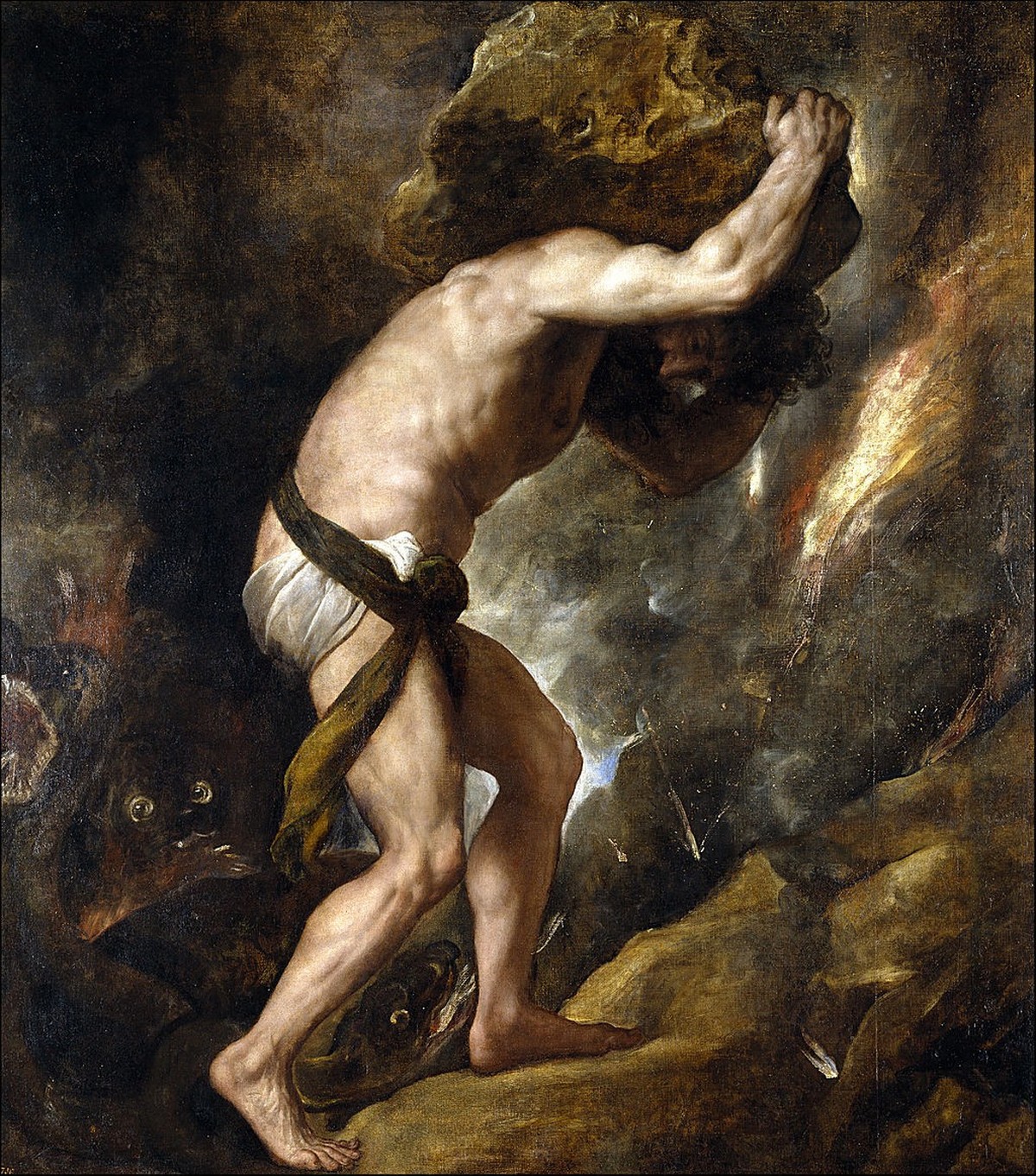 Der von Tizian gemalte Sisyphos.

https://de.wikipedia.org/wiki/Sisyphos#/media/Datei:Punishment_sisyph.jpg