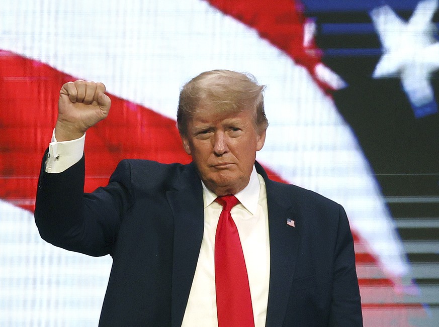 Former President Donald Trump speaks to the crowd gathered at the Landers Center in Southaven, Miss., Saturday, June 18, 2022. (Joe Rondone/The Commercial Appeal via AP)
