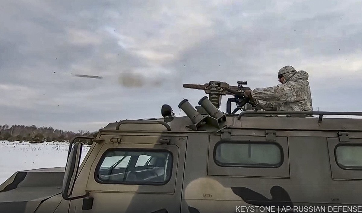 In this handout photo taken from video released by Russian Defense Ministry Press Service on Wednesday, Dec. 28, 2022, a Russian soldier takes part in drills at an unspecified location in Belarus. (Ru ...