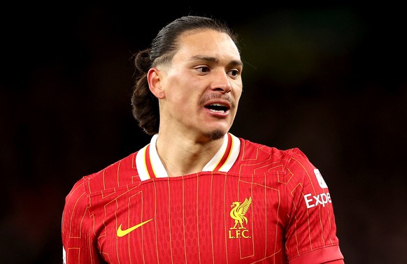 epa11957313 Darwin Nunez of Liverpool looks on during the UEFA Champions League Round of 16, 2nd leg soccer match between Liverpool FC and Paris Saint-Germain, in Liverpool, Britain, 11 March 2025. EP ...