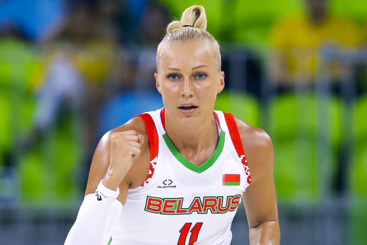FILE In this file photo taken on Saturday, Aug. 6, 2016, Belarus center Yelena Leuchanka gestures after a basket during the first half of a women's basketball game against Japan at the Youth Cent ...