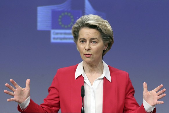 European Commission President Ursula von der Leyen talks during a news conference on COVID-19 vaccination plan at the EU headquarters in Brussels, Friday, Jan. 8, 2021. The European Commission said it ...