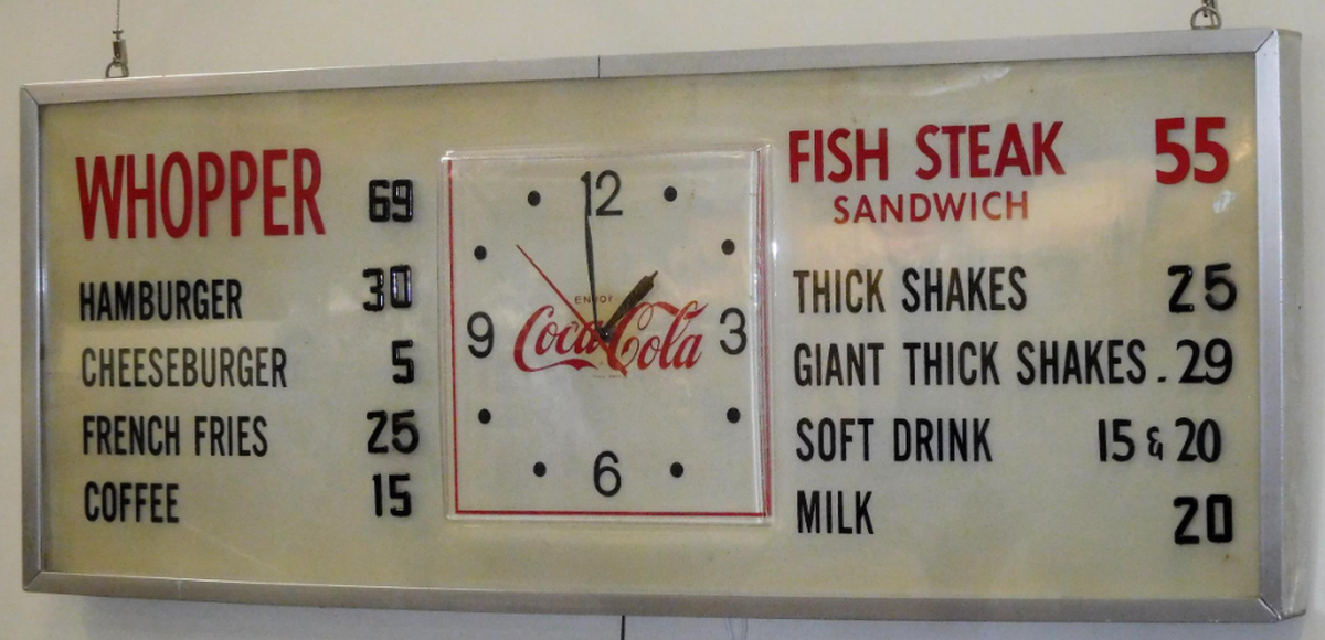 Original c.1960 Burger King / Carrols Coca Cola Clock Menu Sign WORKS 48" Wide

https://www.onesourceauctions.com/auction-lot/original-c.1960-burger-king-carrols-coca-cola-c_2A14502A5D