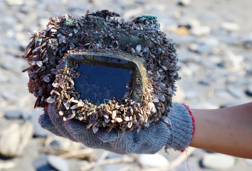 epa06635675 A handout photo made available by teacher Park Lee on 29 March 2018 shows a barnacle-covered camera in a water-proof case washed up on a beach in Ilan County, northeast Taiwan, on 27 March ...