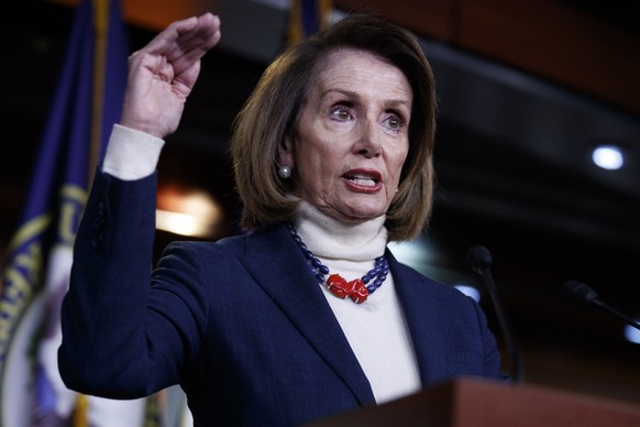 epa07293958 Speaker of the House Nancy Pelosi responds to a question from the news media during her weekly press conference in the US Capitol in Washington, DC, USA, 17 January 2019. Speaker Pelosi re ...