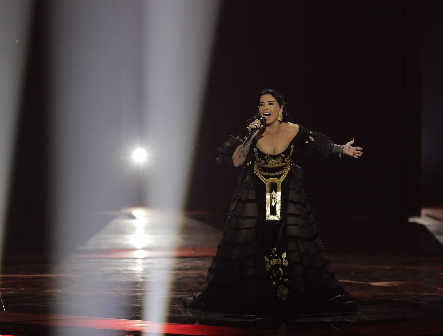 Jonida Maliqi of Albania performs during the 2019 Eurovision Song Contest second semi-final in Tel Aviv, Israel, Thursday, May 16, 2019. (AP Photo/Sebastian Scheiner)