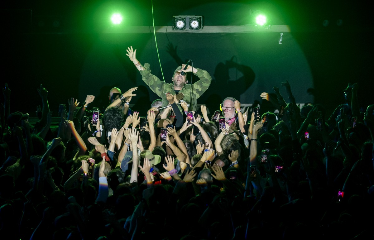 Singer Damon Albarn of the British alternative rock band Gorillaz performs on the Main stage, during the 49th edition of the Paleo Festival, in Nyon Switzerland, Thursday, July 23, 2026. (KEYSTONE/Jea ...