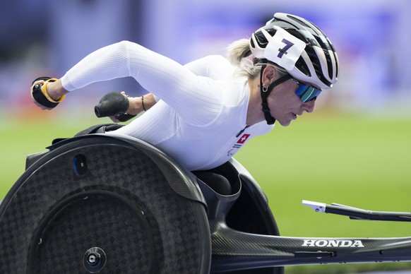 Manuela Schaer of Switzerland during the Women&#039;s 5000m T54 final race in the Stade de France at the 2024 Paris Summer Paralympics Games in Paris, France, Saturday, August 31, 2024. (KEYSTONE/Enni ...