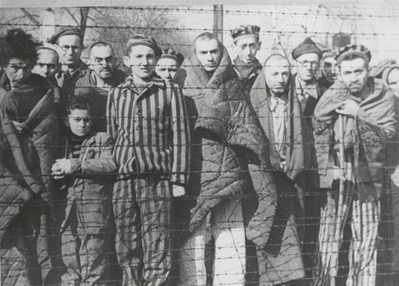 epa08149651 A handout photo made available by the Auschwitz Memorial and Museum shows the inmates of the Auschwitz-Birkenau concentration camp after liberation in the former German Nazi concentration camp…