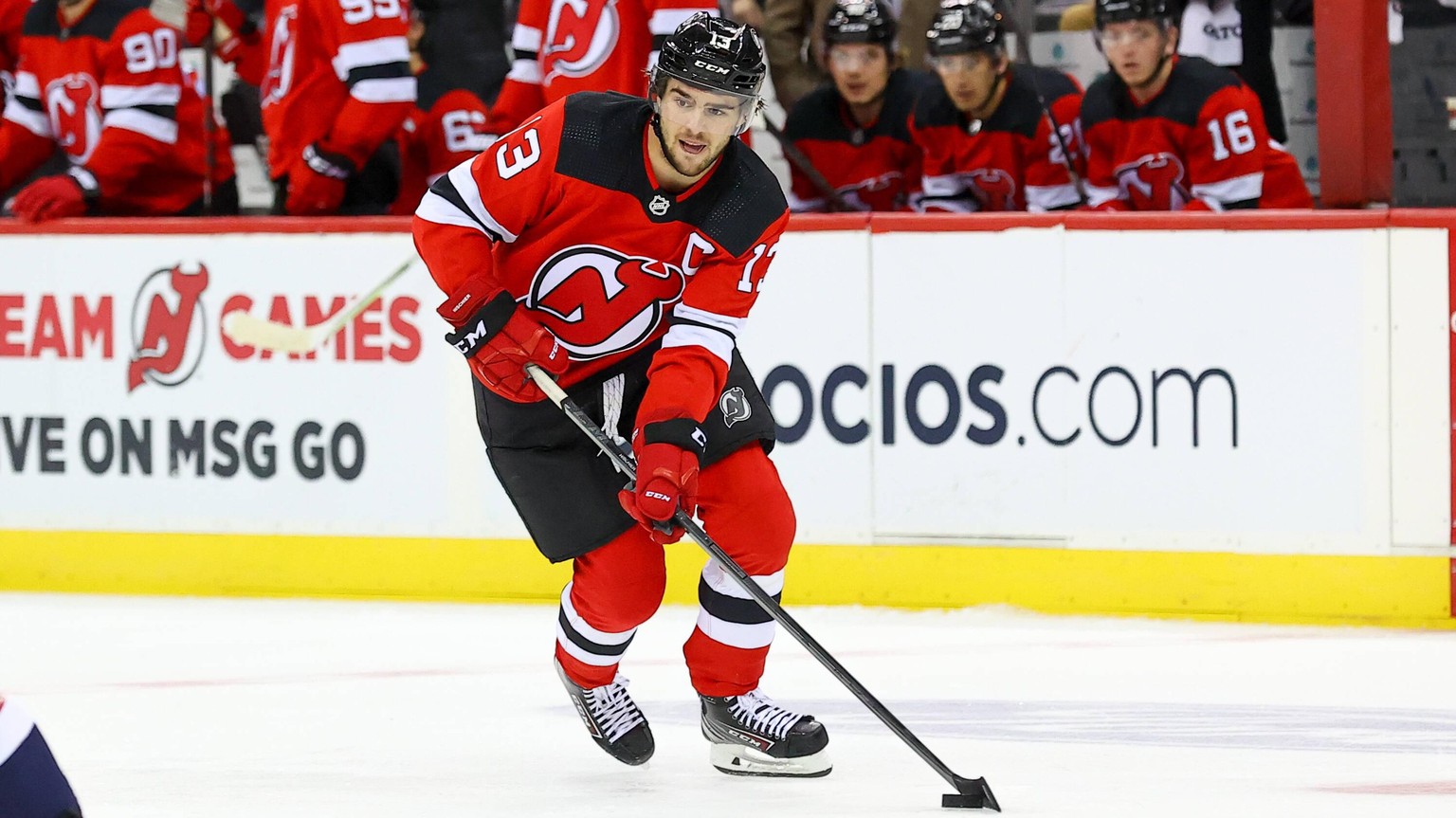 NEWARK, NJ - OCTOBER 04: New Jersey Devils center Nico Hischier (13) skates during the first period of the pre-season National Hockey League game between the New Jersey Devils and the Washington Capit ...