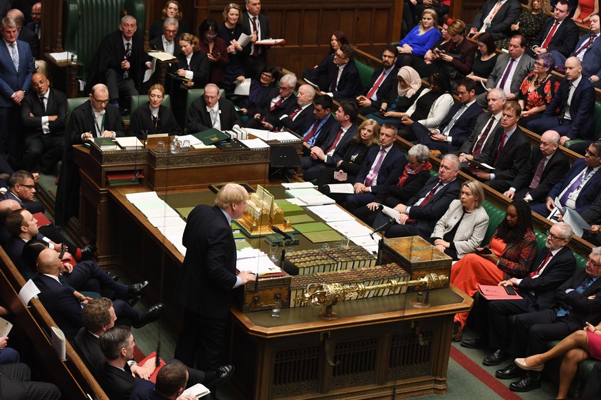 epa08112575 A handout photo made available by the UK Parliament shows British Prime Minister Boris Johnson speaking during Prime Minister Questions at the House of Commons in London, Britain, 08 Janua ...