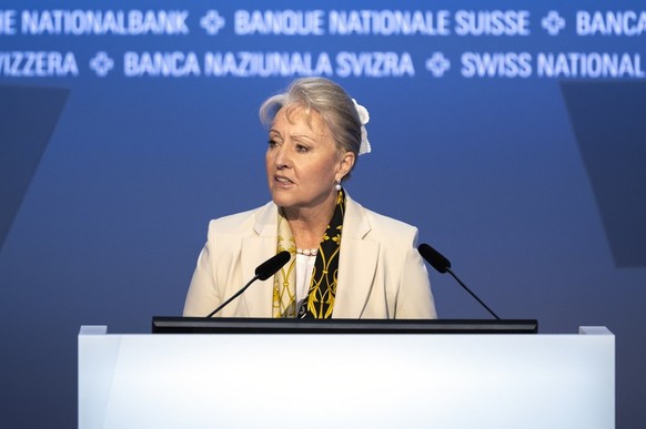 Swiss National Bank&#039;s (SNB) President of the Bank Council Barbara Janom Steiner, speaks during the 116. Ordinary General Assembly of Swiss National Bank (SNB), at Bern, Switzerland, Friday, April ...