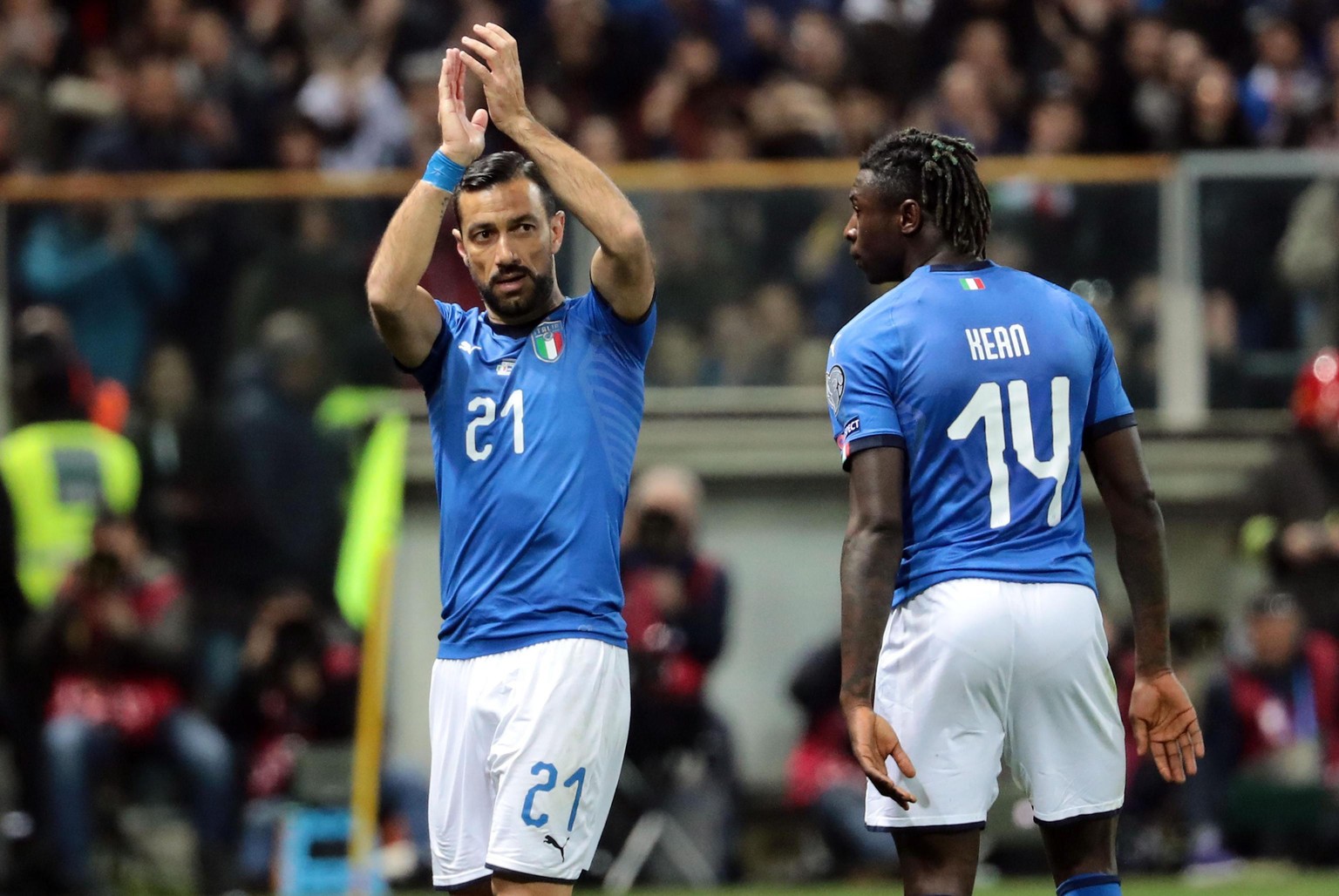 epa07465733 Italy&#039;s Fabio Quagliarella (L) and Moise Kean during the UEFA EURO 2020 Group J qualifying soccer match between Italy and Liechtenstein at the Ennio Tardini stadium in Parma, Italy, 2 ...