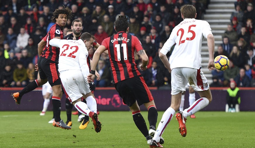 Stoke City&#039;s Xherdan Shaqiri, centre left, scores his side&#039;s first goal of the game, during the English Premier League soccer match between Bournemouth and Stoke City, at the Vitality Stadiu ...