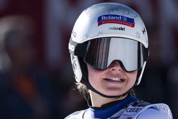 epa07389630 Corinne Suter of Switzerland reacts in the finish area during the Women&#039;s Downhill race of the FIS Alpine Ski World Cup event in Crans-Montana, Switzerland, 23 February 2019. EPA/ALES ...