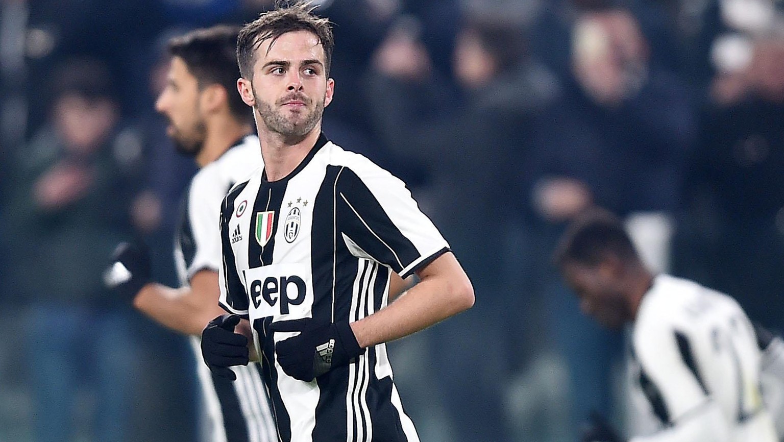 epa05750360 Juventus&#039; Miralem Pjanic jubilates after scoring a goal during the Italy Cup (Coppa Italia) quarter final soccer match Juventus FC vs AC Milan at Juventus Stadium in Turin, Italy, 25  ...