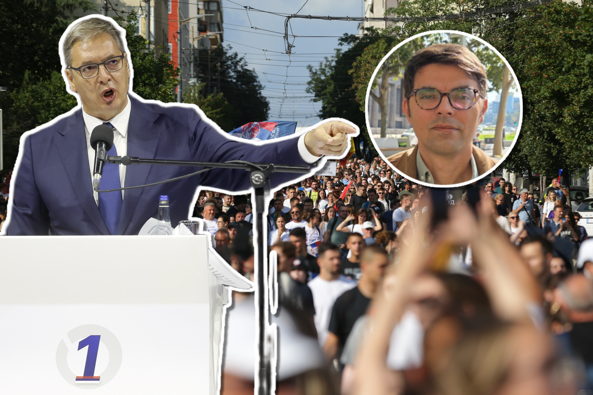 Aleksandar Vučić (à gauche) voit son règne concurrencé par un mouvement étudiant, comme l'explique Slobodan Bubnjević, physicien et candidat aux prochaines élections.