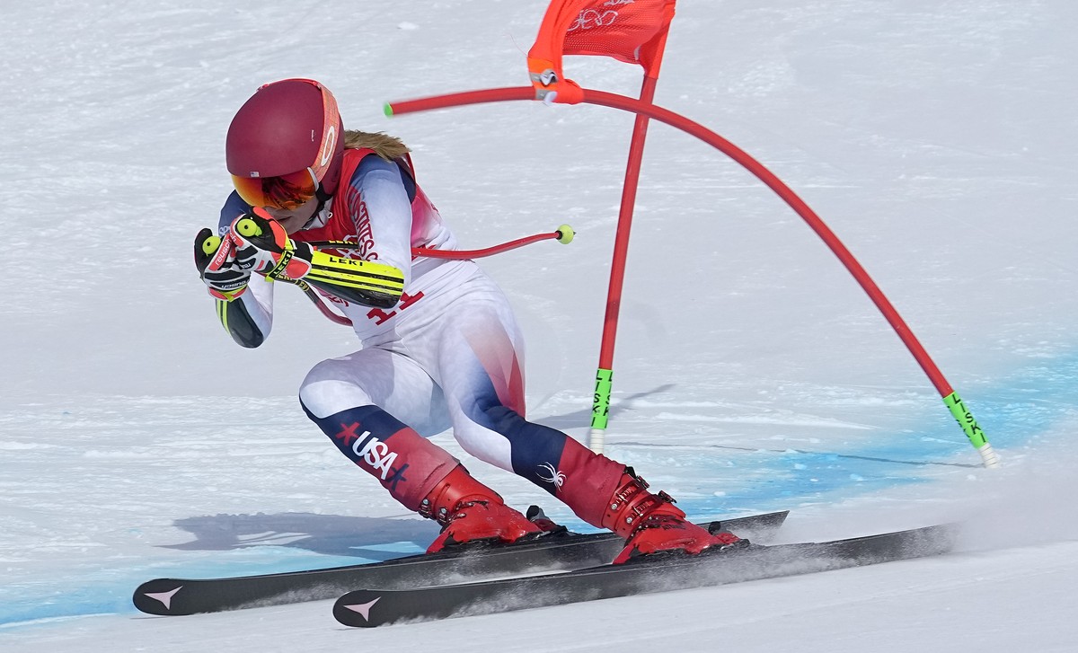 Mikaela Shiffrin, of United States makes a turn during the women's super-G at the 2022 Winter Olympics, Friday, Feb. 11, 2022, in the Yanqing district of Beijing. (AP Photo/Robert F. Bukaty)
