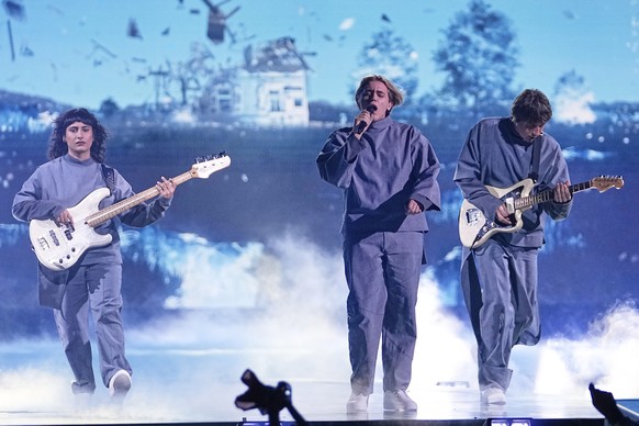 Katarsis from Lithuania performs the song &quot;Tavo Akys&quot; during the second semi-final of the 69th Eurovision Song Contest, in Basel, Switzerland, Thursday, May 15, 2025. (AP Photo/Martin Meissn ...