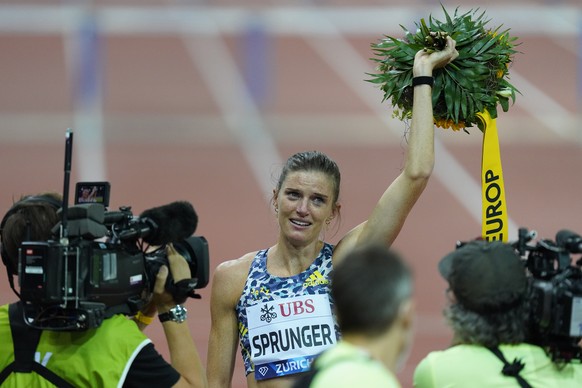 Lea Sprunger of Switzerland reacts during the Weltklasse IAAF Diamond League international athletics meeting at the Letzigrund stadium in Zurich, Switzerland, Thursday, September 9, 2021. (KEYSTONE/Ga ...