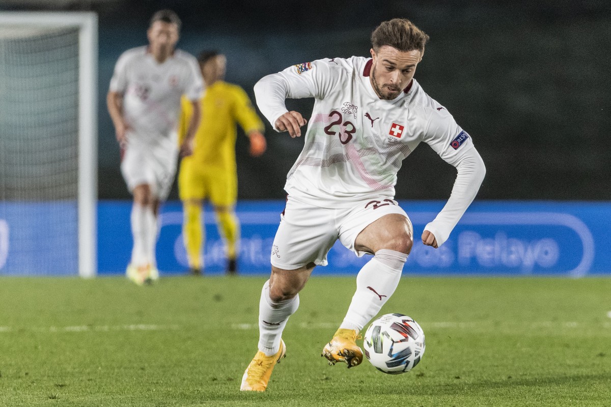 Switzerland's Xherdan Shaqiri plays the ball during the UEFA Nations League soccer match between Spain and Switzerland, at the Alfredo Di Stefano stadium in Madrid, Spain, Saturday, October 10, 2 ...
