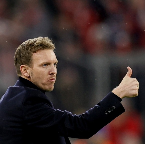 epa10510402 Head coach of Bayern Munich Julian Nagelsmann reacts during the UEFA Champions League Round of 16, 2nd leg match between Bayern Munich and Paris Saint-Germain in Munich, Germany, 08 March  ...