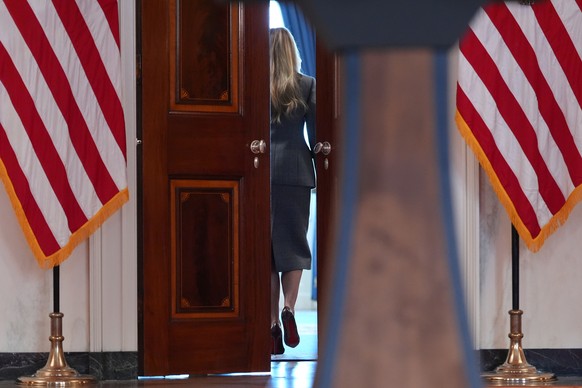 First lady Melania Trump walks away after speaking with reporters Thursday, April 9, 2026, in the Grand Foyer of the White House in Washington. (AP Photo/Jacquelyn Martin)
Melania Trump