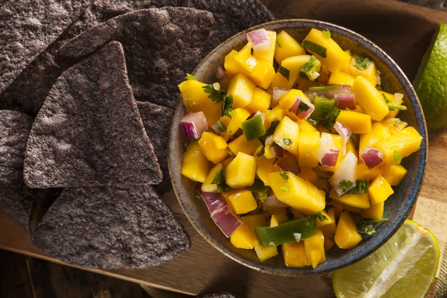 mango salsa blue corn tortilla chips snack food fruit chili