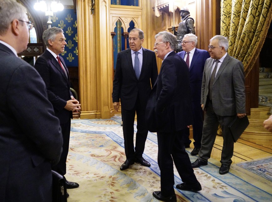 epa07112108 A handout photo made available by the Russian Foreign Ministry shows Russian Foreign Minister Sergei Lavrov (4-R), US National Security Advisor John Bolton (3-R), and US ambassador to Russ ...